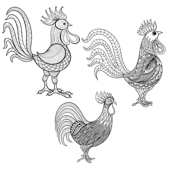 Vector set tuppar, Roosters, nyår 2017 symbol, Zentangle Dome — Stock vektor