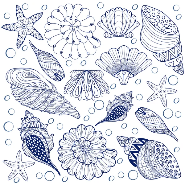 Vector set Shells, zentangle blue seashells for adult anti stres Stock Vector