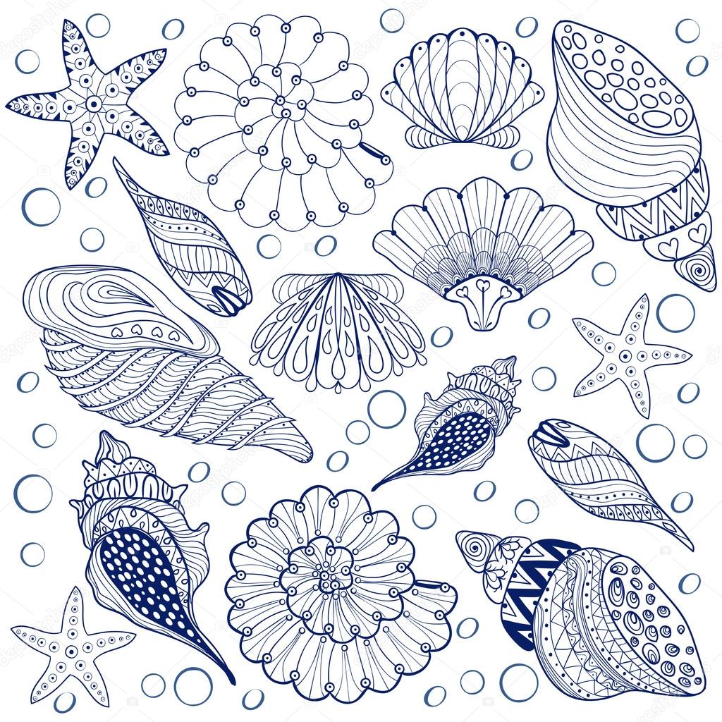벡터 세트 쉘, 젠탱글 블루 조개 용 성인 안티 스트레 스톡 벡터 - ©i_panki 106955234, image size:1024x1024