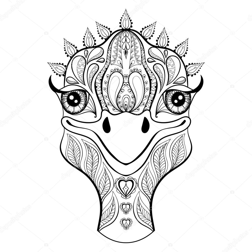Vector ostrich for adult coloring page. Hand drawn funny ostrich