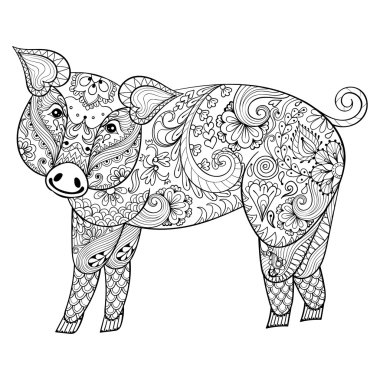 Vektör Domuzu. Zentangle Pig illüstrasyon, yetişkin için domuz baskı