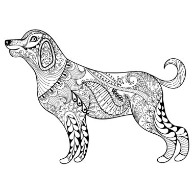 Yetişkin boyama sayfası için vektör zentangle köpek baskı. El çizilmiş bir