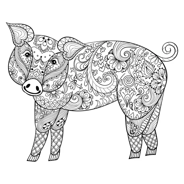 Vektorschwein. Zentangle Pig Illustration, Schweineprint für Erwachsene a — Stockvektor