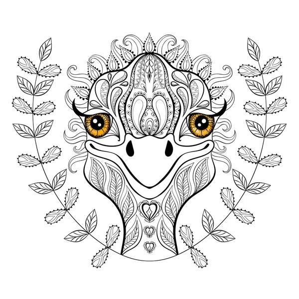 Vector ostrich for adult coloring page. Hand drawn funny ostrich — ストックベクタ