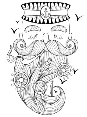 Vektör zentangle yaşlı denizci bir boru sigara, kaptan, balıkçı,
