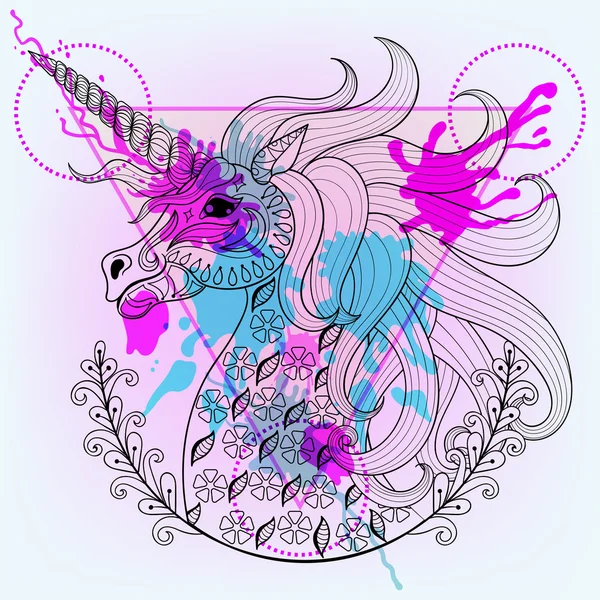 Hand drawn vector magic unicorn for adult coloring page in zenta — Stock Vector