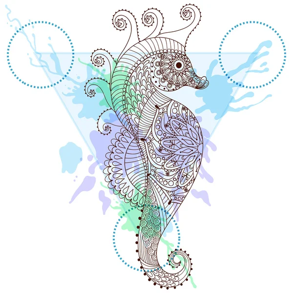 Zentangle stylized Sea Horse in triangle frame with watercolor i — Stock Vector