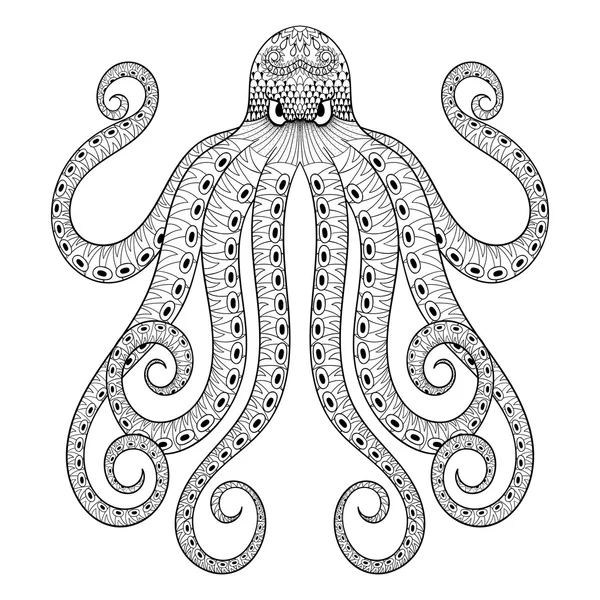 Impresión de pulpo de zentangle vectorial para colorear para adultos página. Mano dra — Archivo Imágenes Vectoriales