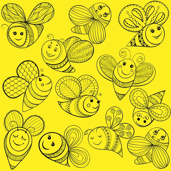Vector bees for adult coloring page. Hand drawn funny magic yell — 스톡 벡터