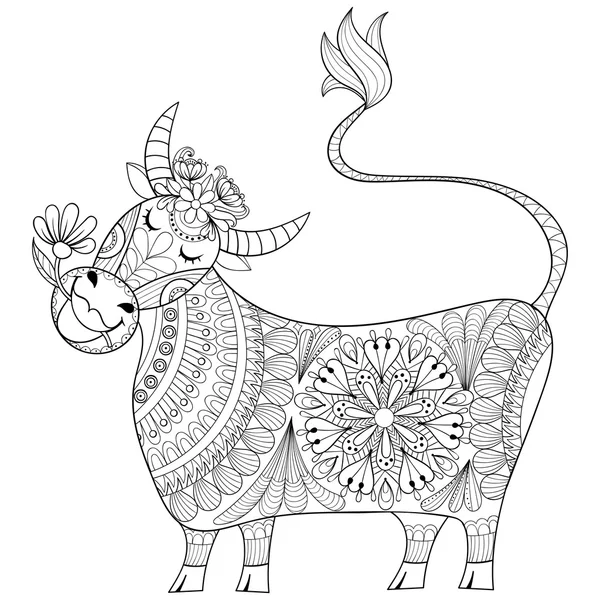 Coloring page with Cow, zenart stylized hand drawing Milker illu — Stock Vector