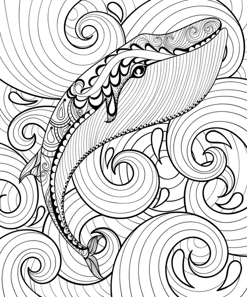 Vector zentangle ballena en el mar, imprimir para colorear adulto página A4 — Vector de stock