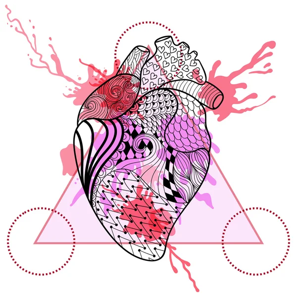 Zentangle stylized Human heart in triangle frame with watercolor — ストックベクタ