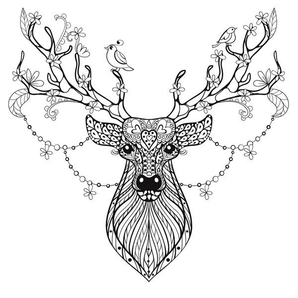 Zentangle Hand drawn magic horned Deer for adult antistress colo — Stock vektor