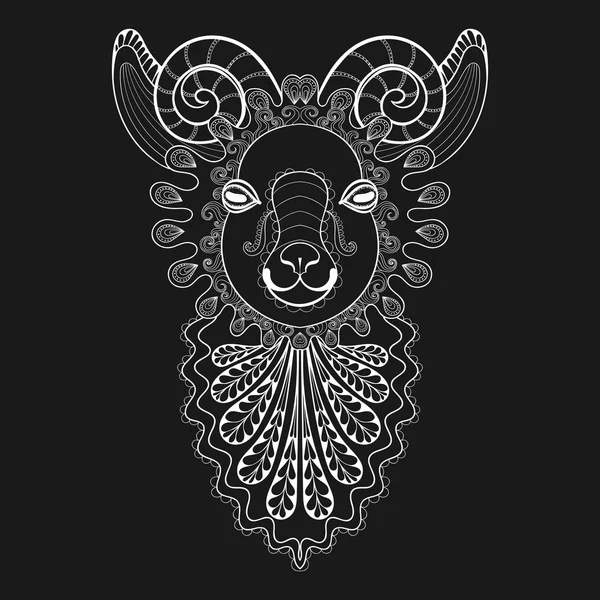 Ilustración de cabeza de carnero zentangle vectorial, impresión de cabra blanca para adu — Vector de stock