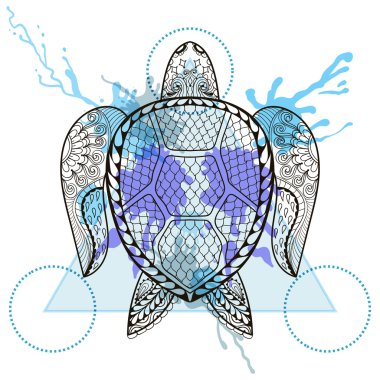 Zentangle stylized Turtle  in triangle frame with watercolor ink