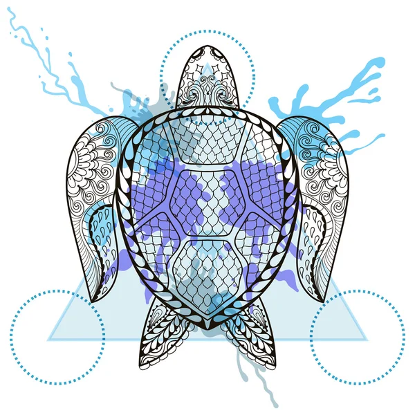 Zentangle стилизованной черепахи в треугольной рамке с акварелью чернил — стоковый вектор