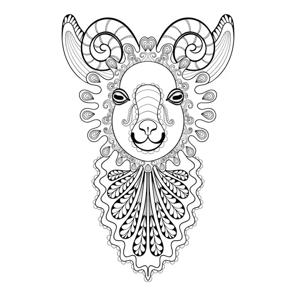 Vektor zentangle RAM fej illusztráció, kecske nyomtatott felnőtt egy — Stock Vector