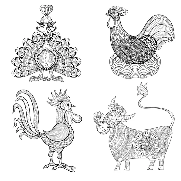 Vaca, Pollo en el nido, Gallo, Pavo para colorear para adultos página, z — Vector de stock