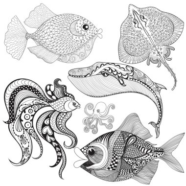 Yetişkin için elle çizilmiş zentangle Balıklar, Balina, Ahtapot, Stingray 