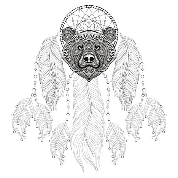 Atrapasueños zentangle dibujado a mano con cabeza de oso para color adulto — Vector de stock