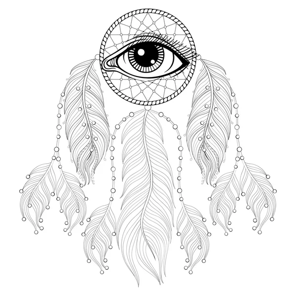 Handgezeichneter Zentangle Bohemian Dreamcatcher mit Auge, native amer — Stockvektor