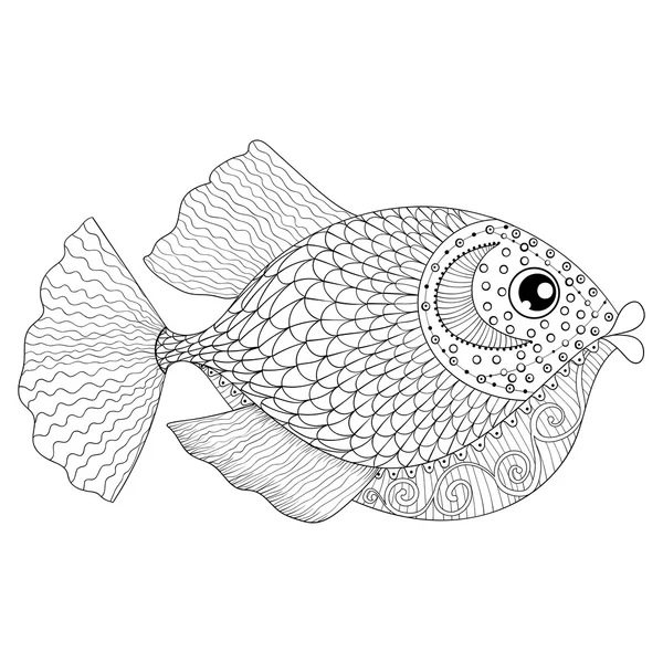 大人の抗ストレス着色ページのための手描きゼンタングル魚, — ストックベクタ