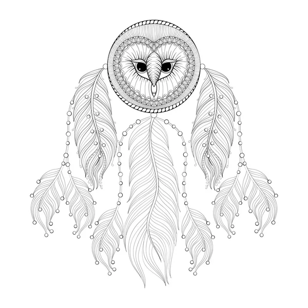 Zentangle desenhado à mão Dreamcatcher com rosto de coruja tribal para adulto — Vetor de Stock