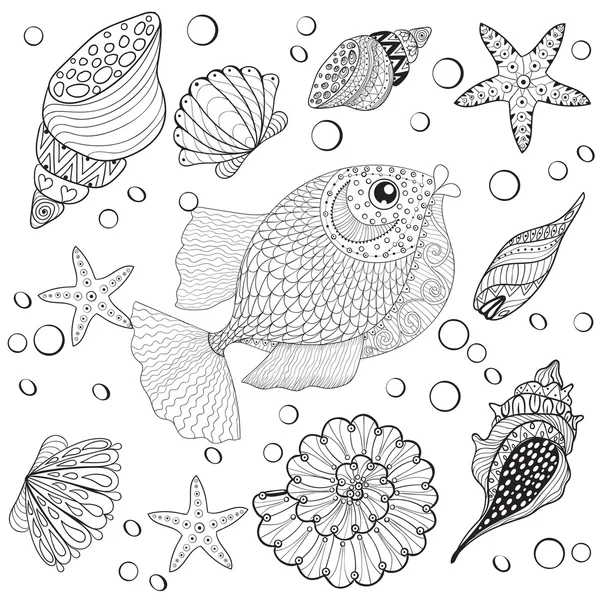성인 안티 스트레스에 대한 바다 조개와 손으로 그린 zentangle 물고기 — 스톡 벡터