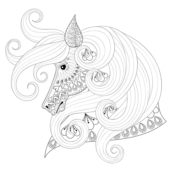 Ручной рисунок орнаментальной лошади для страниц раскраски взрослых , — стоковый вектор
