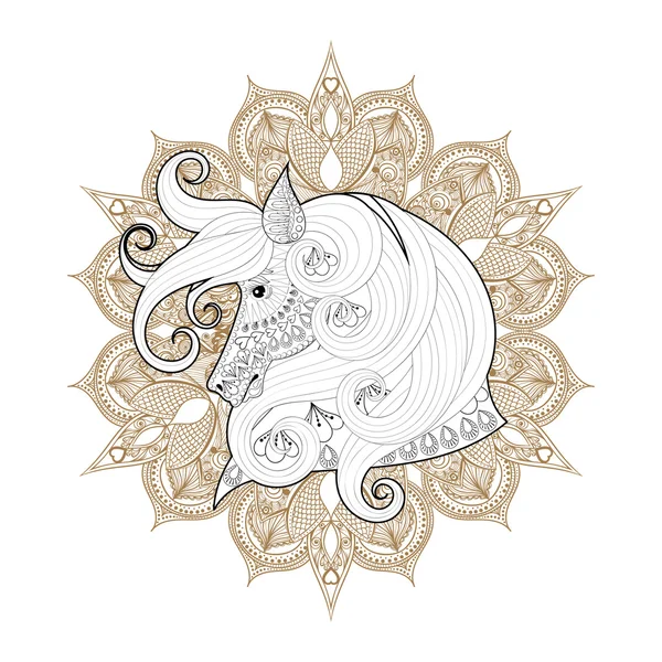 Caballo decorativo zentangle dibujado a mano en mandala mehendi para adu — Vector de stock