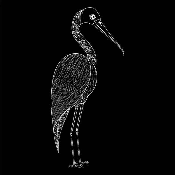 Hand drawn zentangle Stork for adult antistress coloring pages, — Stock Vector