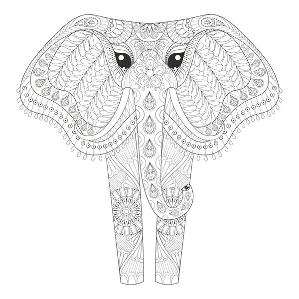 Elefante ornamentale Zentangle per adulti da colorare, Dra a mano — Vettoriale Stock