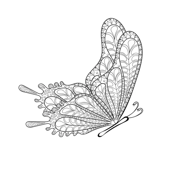 Handgezeichneter Zentangle Tribal Fliegender Schmetterling für erwachsene Antistre — Stockvektor