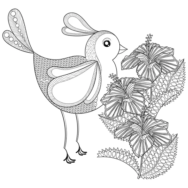 Ručně tažené zentangle kmenové exotických ptáků a Hibiskus květina pro — Stockový vektor