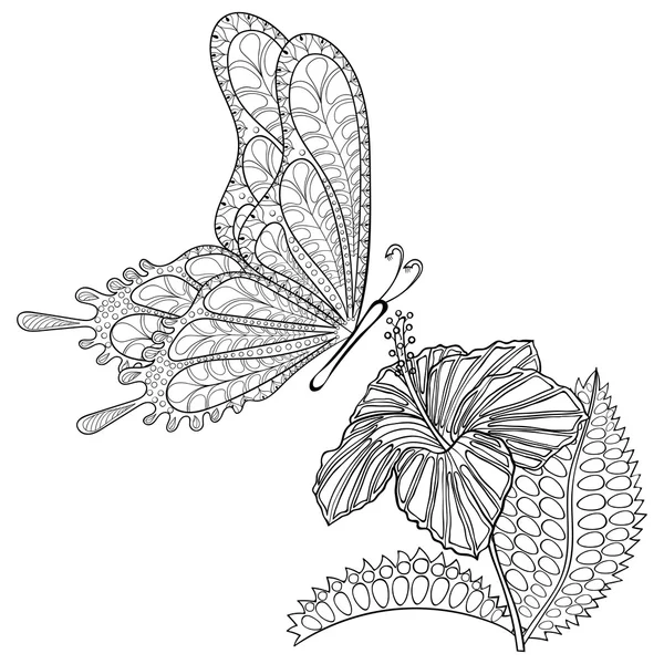 Dibujado a mano zentangle tribal volando mariposa y flor de Hibiskus — Vector de stock