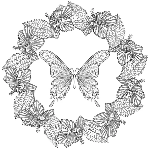 Ręcznie rysowane zentangle kwiat motyl w wieniec Hibiskus do — Wektor stockowy
