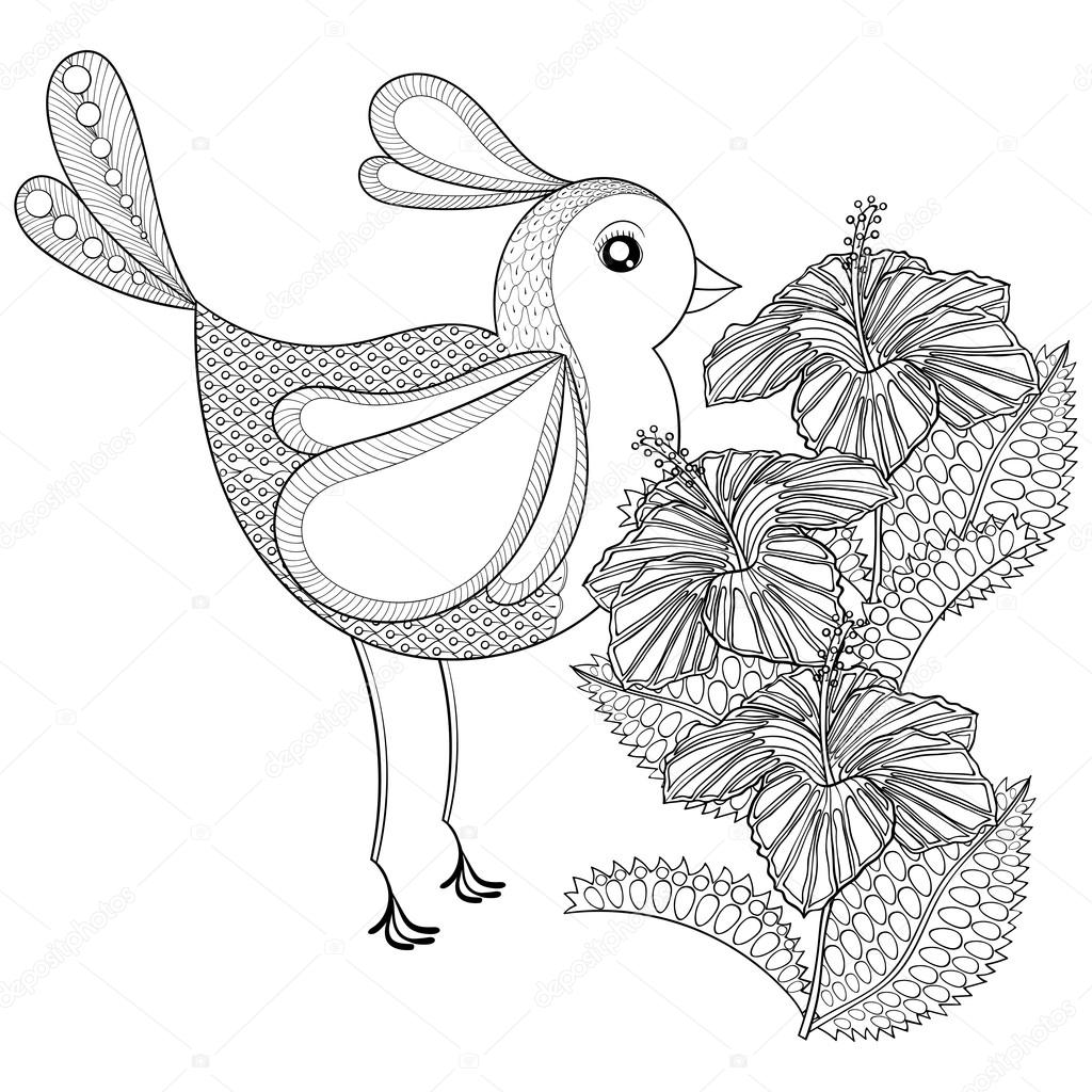 Mano disegnato zentangle tribale uccello esotico e Hibiskus fiori per adulto anti stress da colorare pagine stampa t shirt Boho stile bohemien