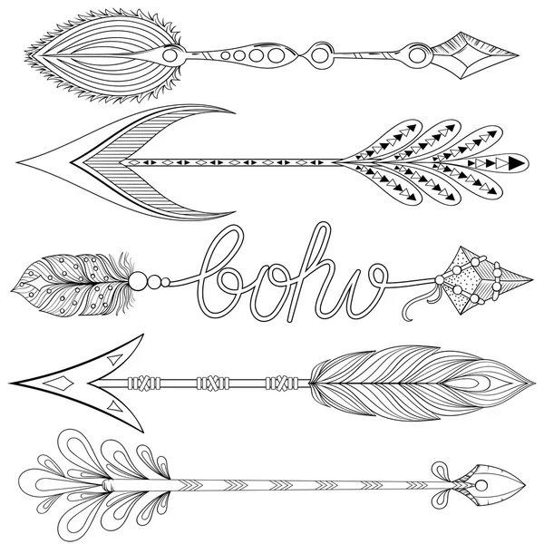 Bohemian Arrows set with feathers. Hand drawn decorative Arrows — Stock Vector