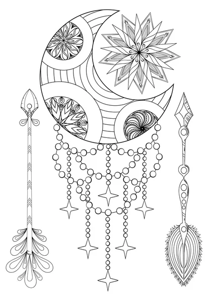 Богемская луна и солнце со стрелами. Зентангл Мун — стоковый вектор