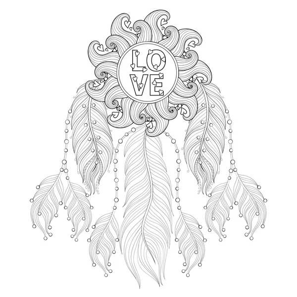 Zentangle dessiné à la main Dreamcatcher avec mandala Love pour adulte co — Image vectorielle