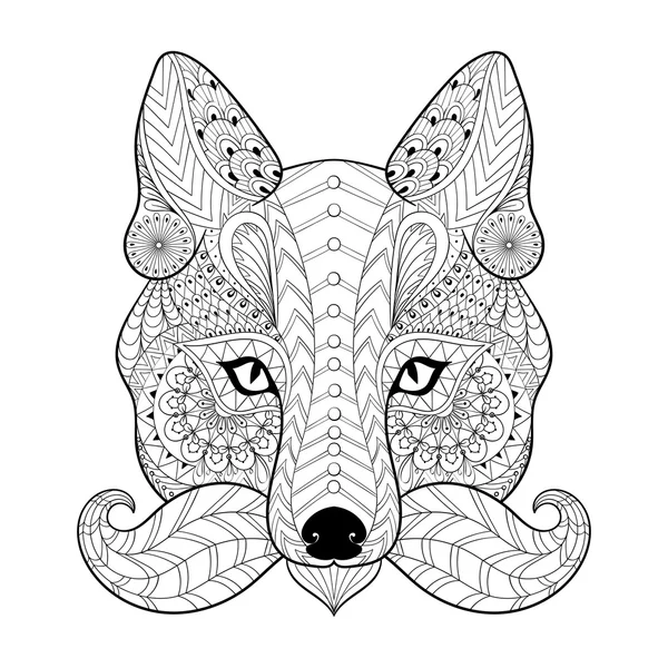 Dibujado a mano zentangle tribal Fox cara para adultos anti estrés color — Vector de stock
