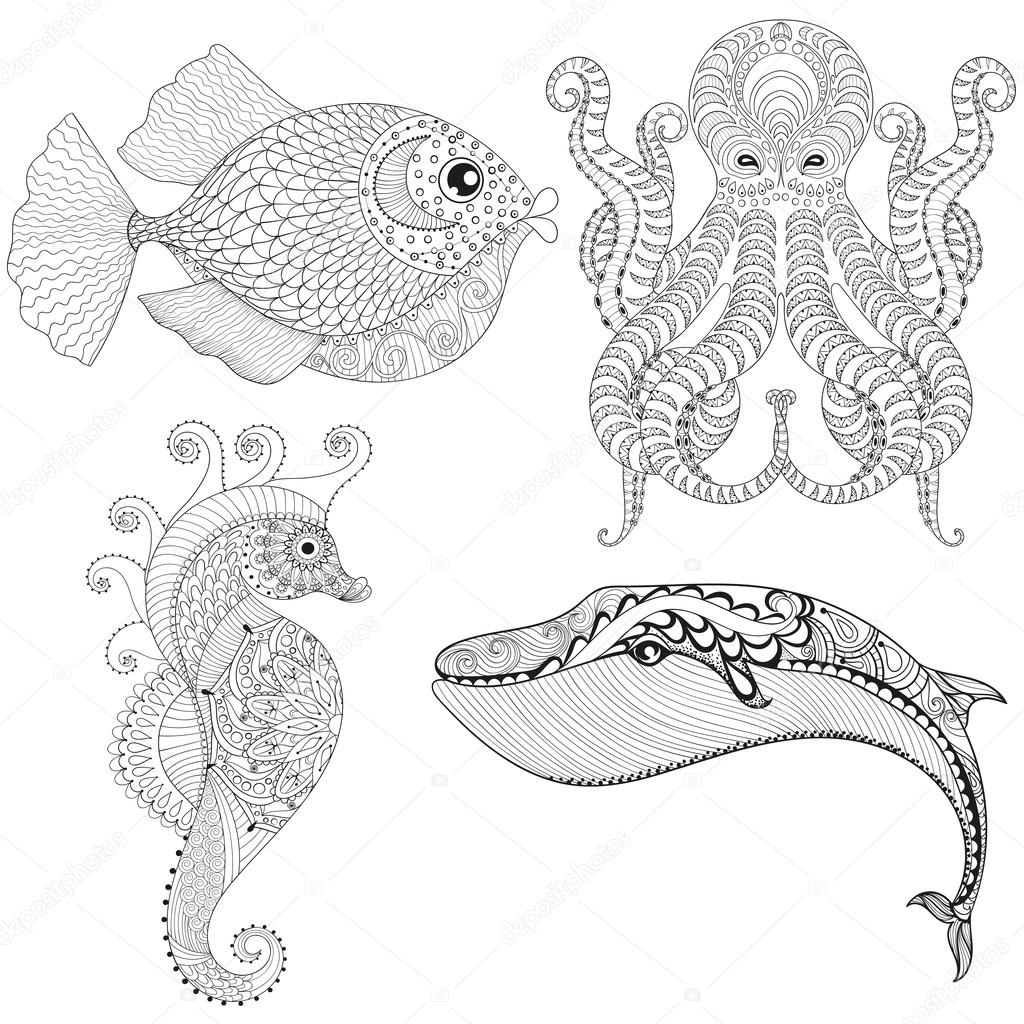 Zentangle disegnati a mano artistica Octopus cavalluccio marino balena pesci per colorare di terapia per adulti stampa t shirt etnica