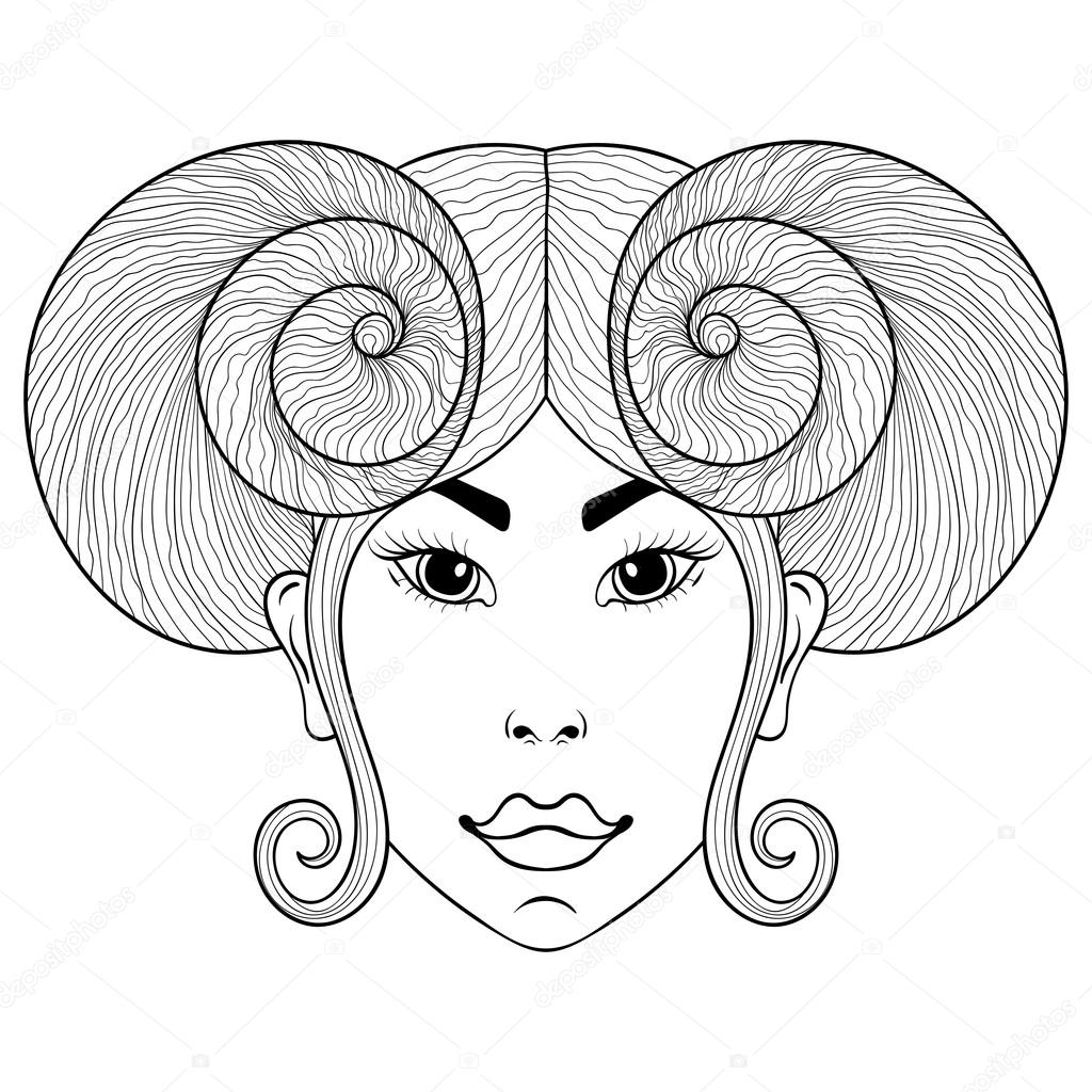 Disegnato a mano zentangle segno zodiacale Ariete con ragazza faccia per adulti da colorare cartolina postale stampa t shirt stile Boho
