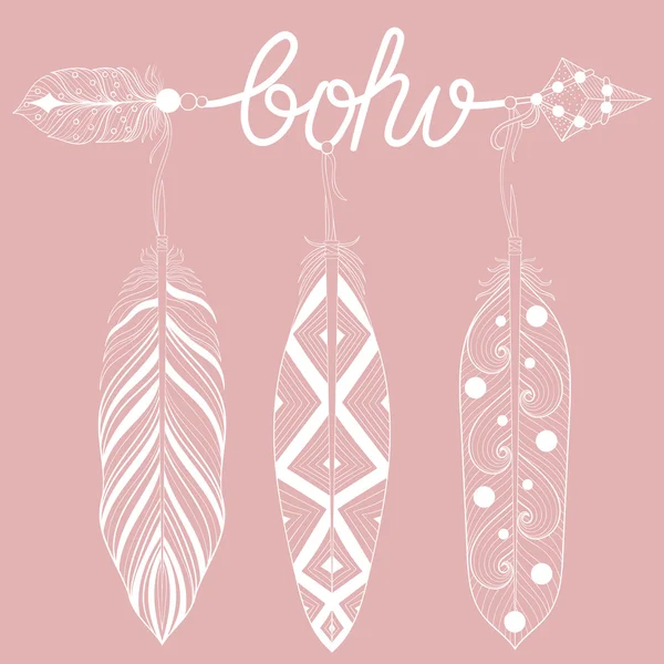 Bohemian Arrow on pink background, letters Boho with henna feath — Stock Vector