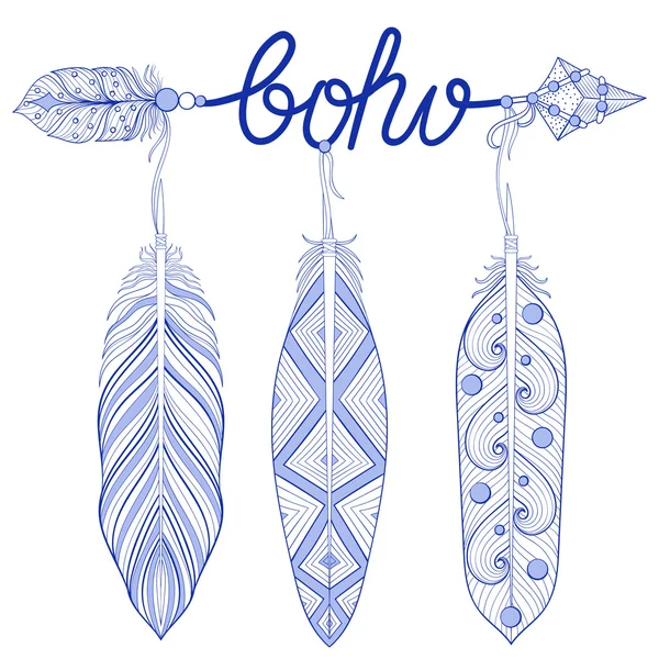 Flecha Boêmia Azul, Amuleto, letras Boho com penas de henna . —  Vetores de Stock