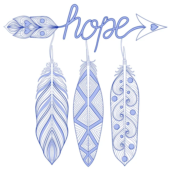 Blå bohemiska pilen, Hope Amulet med Henna fjädrar. Dekorativa — Stock vektor