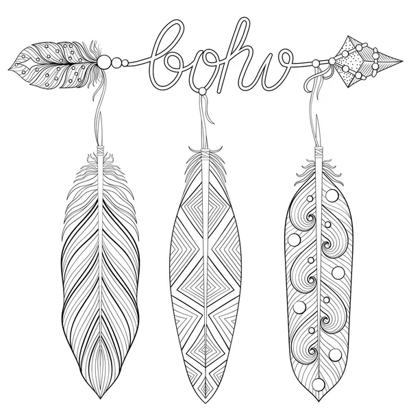Bohemian Arrow, Hand drawn Amulet wih word Boho and feathers for — Stock Vector