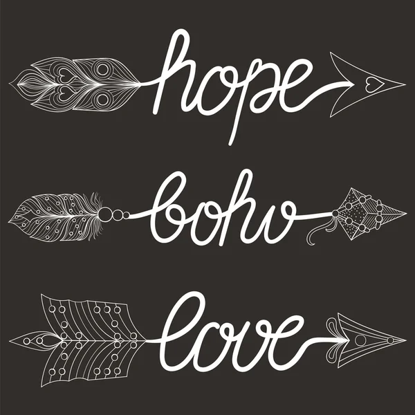 Boho, Love, Hope Arrows com penas. Setas decorativas para anúncio — Vetor de Stock