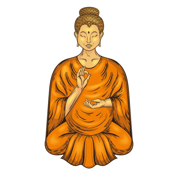 Buda feliz sentado em pose de lótus, ensinando o budismo. Vector ta — Vetor de Stock