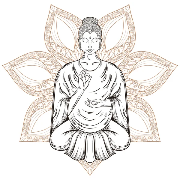 Vector sentado Buda en pose de loto, aislado en mandala de henna , — Vector de stock